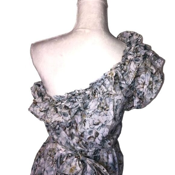 Happy x Nature Mini Dress Womens Medium Floral One Shoulder Belt Elastic Waist - Picture 2 of 10